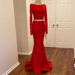 Stunning Two Piece Red Long Sleeve Gown